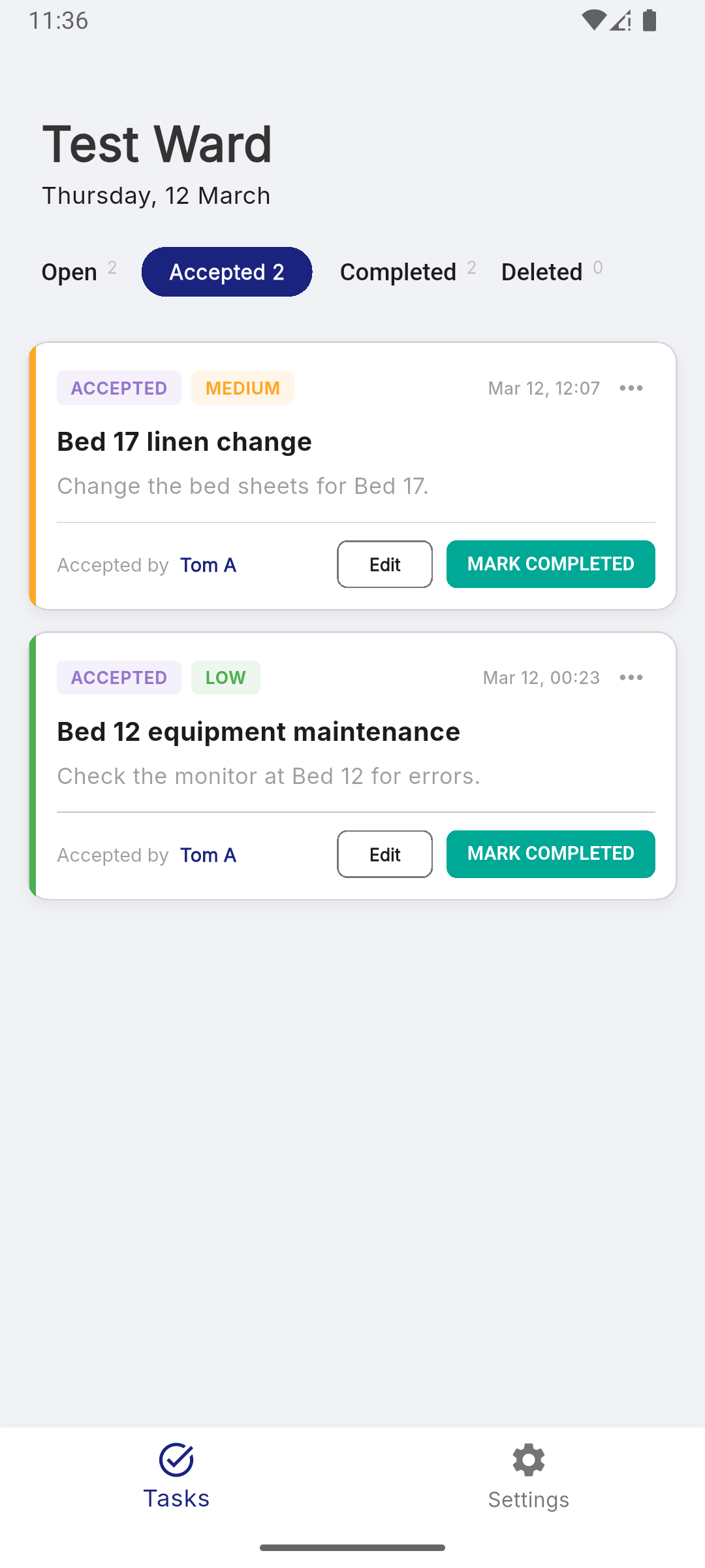 WardLog accepted tasks view
